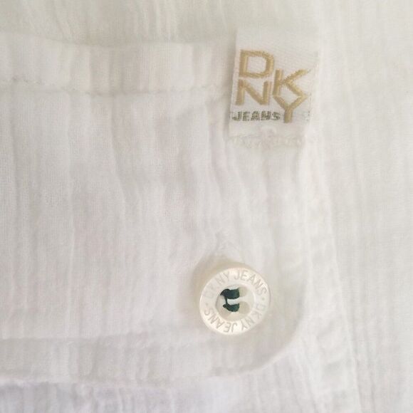 DKNY Jeans White Tunic Top Sz M Light Cotton Half Button Pockets - Picture 4 of 13